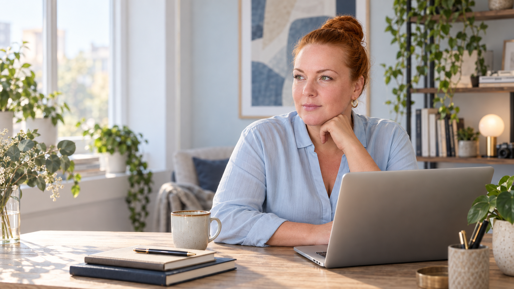 Marit Silva Gebhardt arbeitet am Laptop in einem hellen Homeoffice